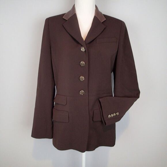 NWT Lauren Ralph Lauren Chocolate Brown Riding Jacket Leather Collar Trim Wool 8 - Picture 1 of 9